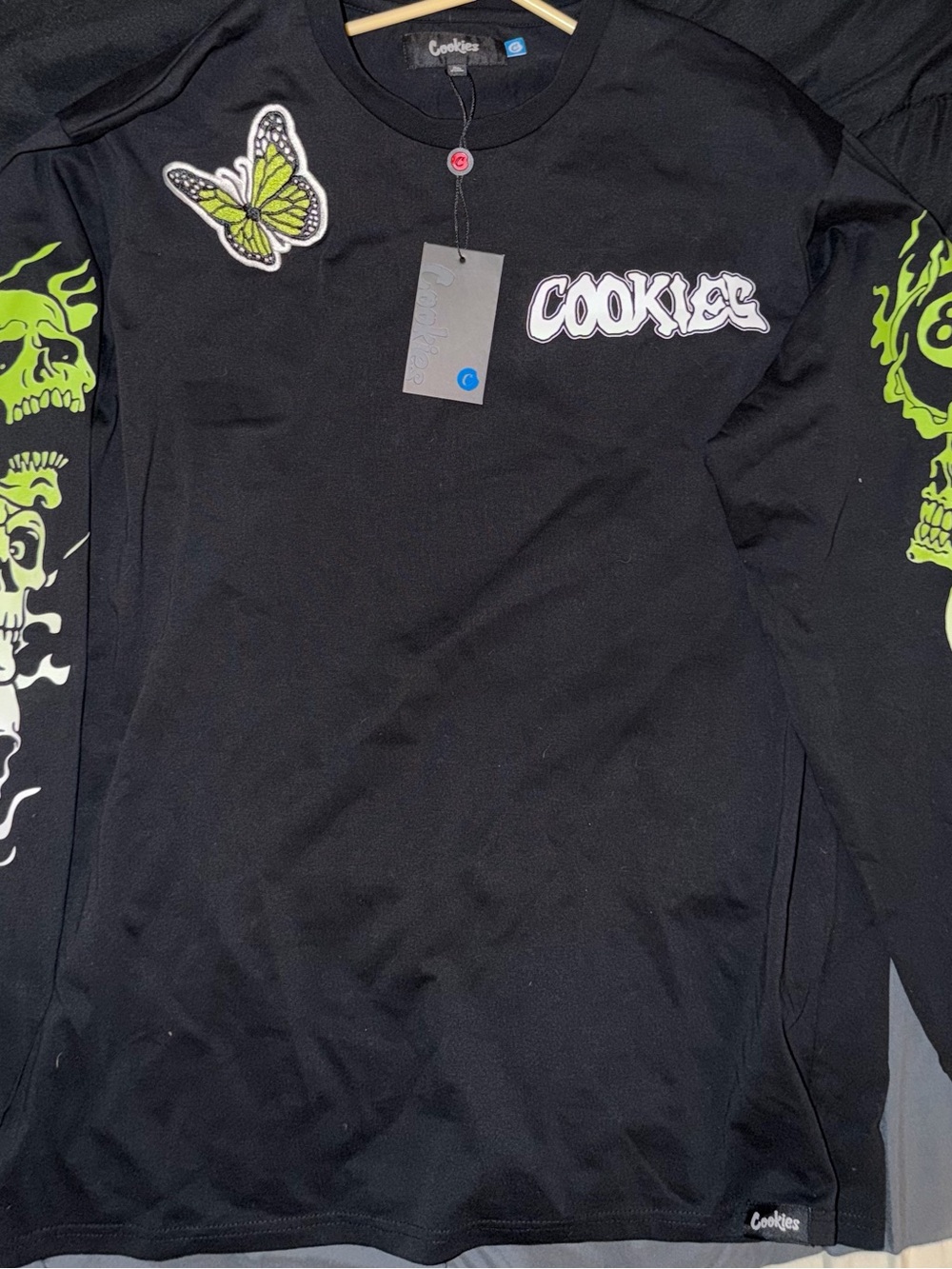 Cookies SF Black Long Sleeve Tee with Neon Green Butterfly & Sleeve Graphics